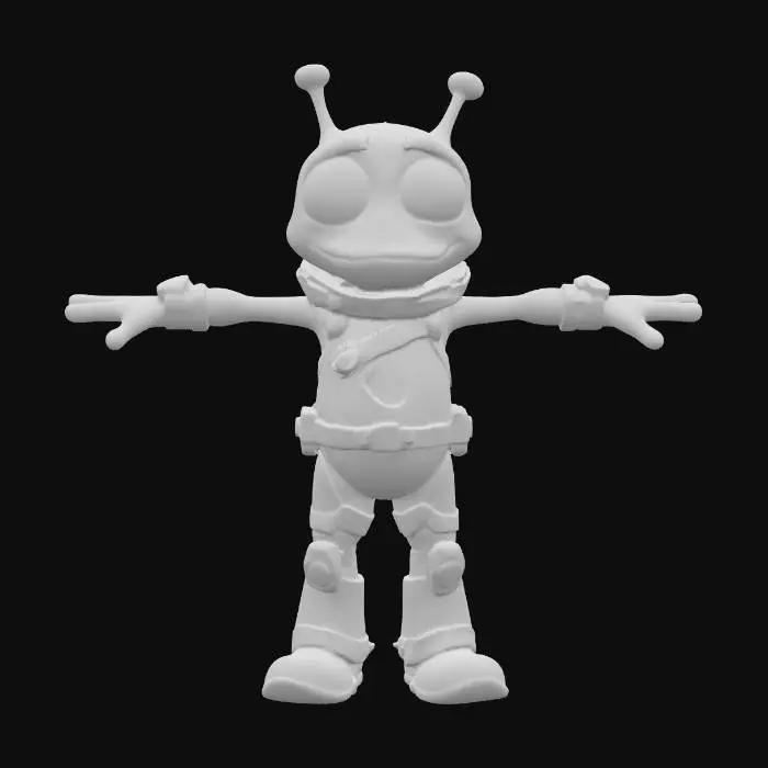 3D model for a highly detailed cartoon alien, in the style of "crash bandicoot concept art", silly, short and stubby with big white human-like eyes, blue with a metallic grey space suit that has green glowing accents, neutral facial expression