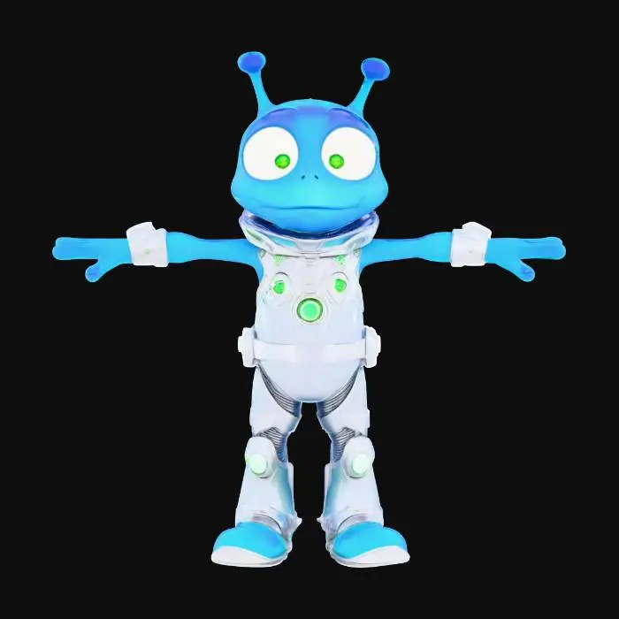 3D model for a highly detailed cartoon alien, in the style of "crash bandicoot concept art", silly, short and stubby with big white human-like eyes, blue with a metallic grey space suit that has green glowing accents, neutral facial expression