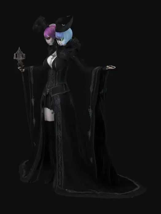 3D model for A two headed gothic female mage in a t pose.