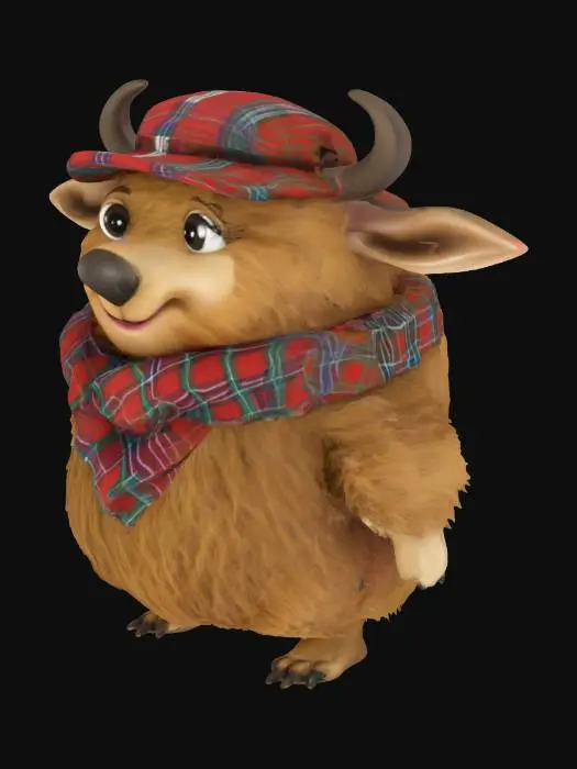 3D model for Create a cartoon of a live Scottish haggis with a long nose. Haggis will have small wings and small legs, wearing a tartan beret, #AroundTheWorld#