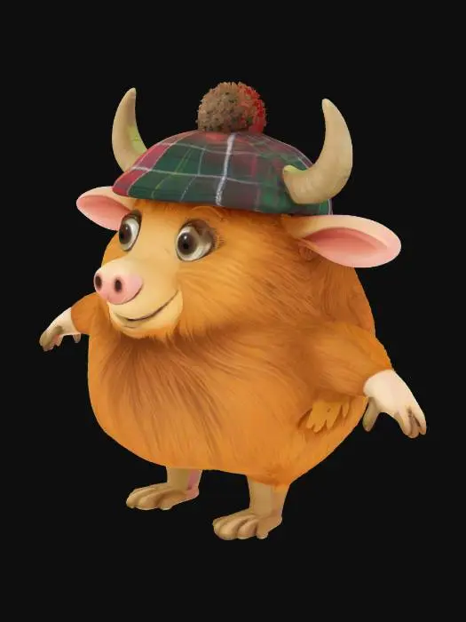 3D model for Create a cartoon of a live Scottish haggis with a long nose. Haggis will have small wings and small legs, wearing a tartan beret