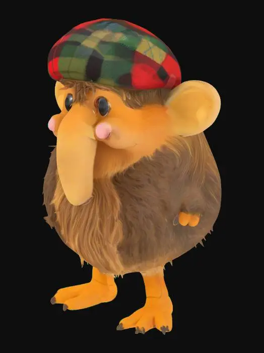 3D model for Create a cartoon of a live Scottish haggis with a long nose. Haggis will have small wings and small legs, wearing a tartan beret, #AroundTheWorld#