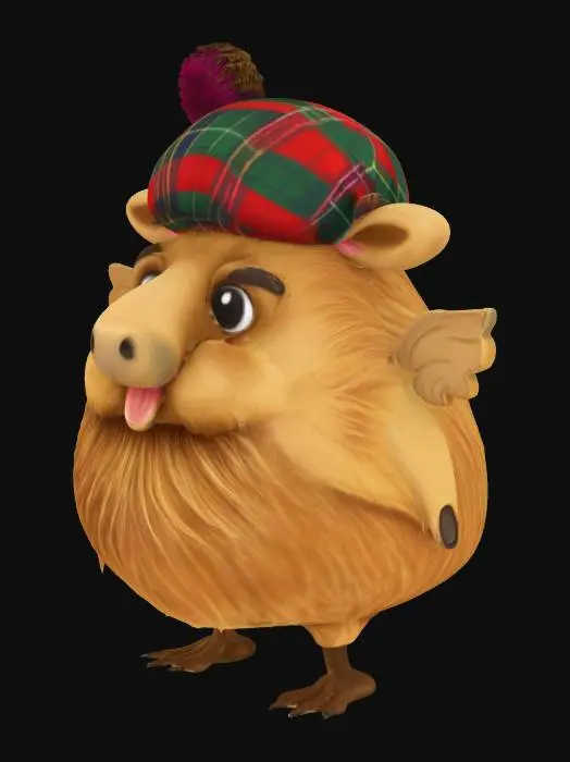 3D model for Create a cartoon of a live Scottish haggis with a long nose. Haggis will have small wings and small legs, wearing a tartan beret