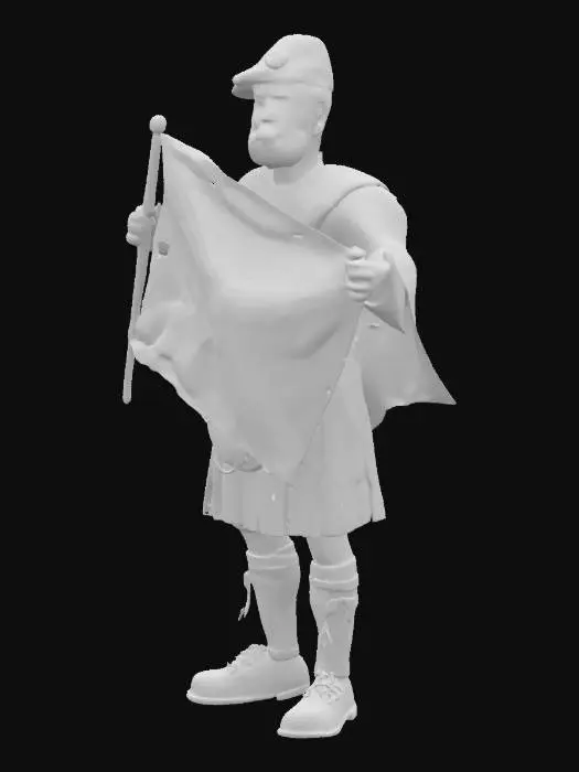 3D model for [Scotland] , create an action figure of a Scotsman, dressed in kilt, sporran, with a beret on his head, holding a Scotland flag with a blue and white saint Andrews cross. , #AroundTheWorld#