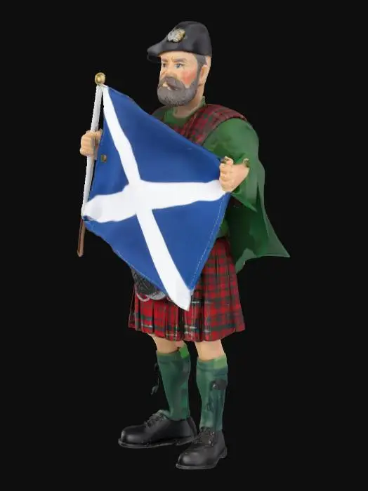 3D model for [Scotland] , create an action figure of a Scotsman, dressed in kilt, sporran, with a beret on his head, holding a Scotland flag with a blue and white saint Andrews cross. , #AroundTheWorld#