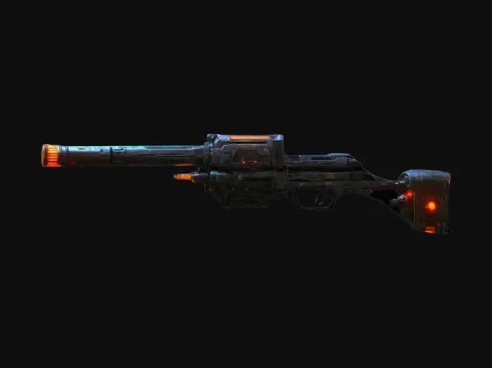 3D model for a cosmic, futuristic shotgun with two long barrels, a classic clock inside, and an energy generator in the style of cyberpunk and sci-fi, #ChronoForgeWeapon#