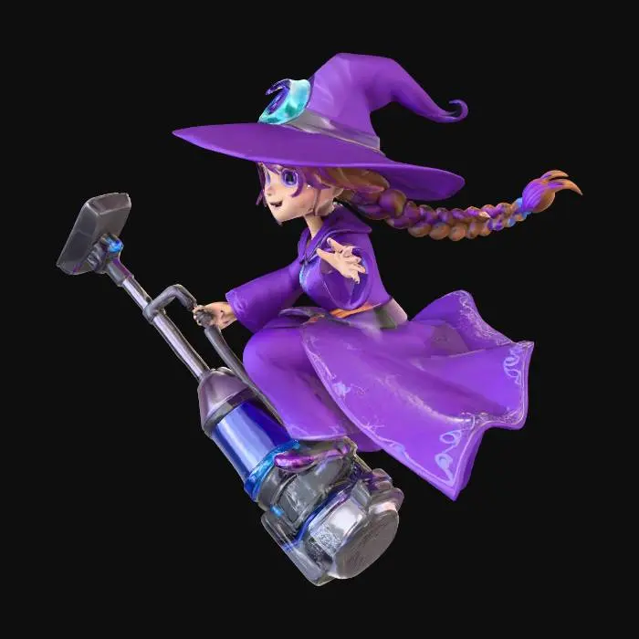 3D model for #Halloween2025#, A friendly anime witch, mid-flight, with a bright smile and large, expressive eyes, balances precariously on a sleek, metallic handheld vacuum cleaner. Her stylized flowing robes are deep purple, and her delicate, fair-skinned hand grips the polished silver and black plastic cleaner's handle firmly. A soft magical glow emanates from her fingertips, and her pointed hat is jauntily tipped.