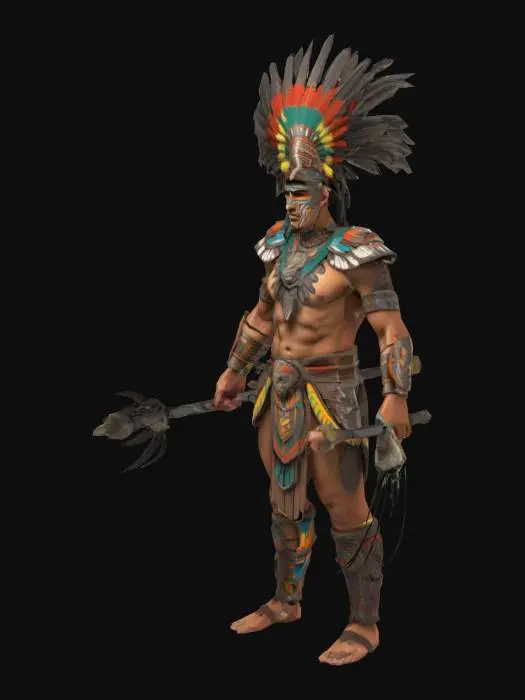 3D model for "Create a striking 3D model of an elite Aztec warrior, adorned in traditional battle attire. The warrior should have an imposing stance, displaying strength and readiness for battle. His outfit includes an intricately detailed feathered headdress, inspired by the iconic eagle or jaguar warriors, symbolizing power and prestige. His face is painted with bold patterns that reflect Aztec war traditions, and his armor is made from hardened cotton, reinforced with obsidian blades. The warrior wields a macuahuitl—a fearsome wooden club lined with sharp obsidian shards—held firmly in his grip. Add ornate gold and turquoise jewelry as a testament to his noble status. Ensure the textures of the feathers, armor, and weapons are highly detailed, conveying realism and historical accuracy. 
