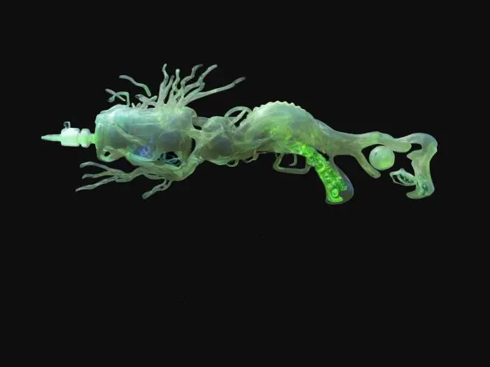 3D model for An alien weapon that absorbs and stores energy like sound, light, and pressure, with a chaotic, asymmetrical structure resembling a living organism. Pulsating crystalline nodes replace traditional parts, linked by sinew-like tendrils. A floating energy core is encased in glowing, translucent spirals. Instead of a barrel, it features a twisting vortex rippling with power. Its bio-organic surface has glowing alien glyphs, giving it a surreal, living presence.