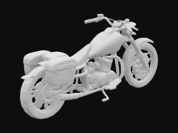 3D model for Create a rugged post-apocalyptic motorcycle with scavenged parts, rusted metal plating, and a glowing makeshift reactor core. Add barbed wire, bullet holes, and small storage compartments for survival gear. Ensure the design feels gritty yet functional.