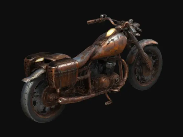 3D model for Create a rugged post-apocalyptic motorcycle with scavenged parts, rusted metal plating, and a glowing makeshift reactor core. Add barbed wire, bullet holes, and small storage compartments for survival gear. Ensure the design feels gritty yet functional.