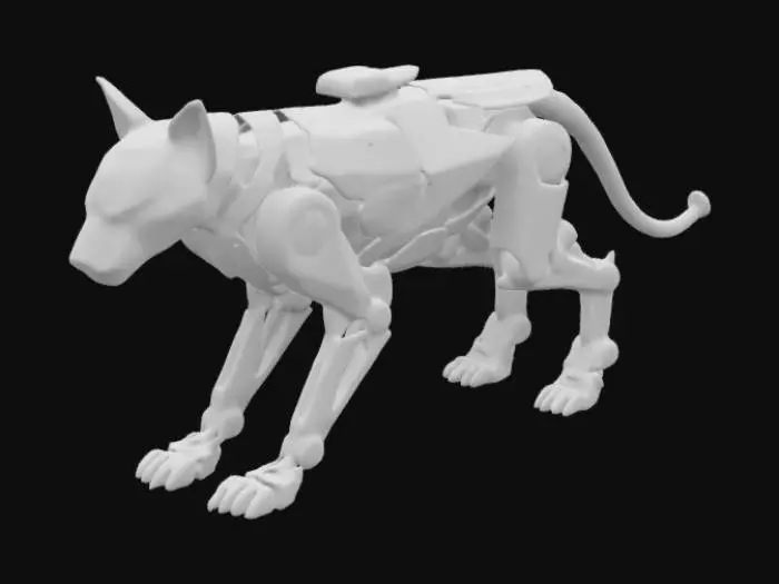 3D model for Design a robotic guard cat with a sleek, mechanical body. Include glowing red sensors, metallic plating, and retractable weapons like claws or a small turret on its back. Make it agile and intimidating, with a futuristic and tactical vibe.