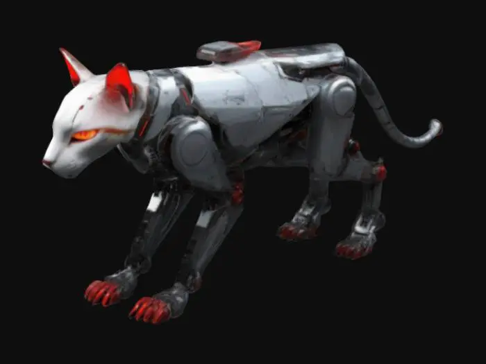 3D model for Design a robotic guard cat with a sleek, mechanical body. Include glowing red sensors, metallic plating, and retractable weapons like claws or a small turret on its back. Make it agile and intimidating, with a futuristic and tactical vibe.