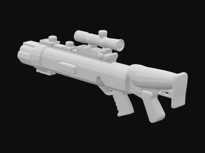 3D model for A high-detail anti-tank rocket launcher with a matte green body, padded shoulder rest, and mounted targeting scope. Include intricate details like adjustment knobs, vent openings, and a textured grip. Add military stencils, serial numbers, and faint scorch marks near the exhaust vent for realism. Focus on clean topology, optimized UVs, and high-quality textures for professional environments.