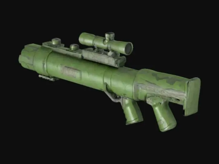 3D model for A high-detail anti-tank rocket launcher with a matte green body, padded shoulder rest, and mounted targeting scope. Include intricate details like adjustment knobs, vent openings, and a textured grip. Add military stencils, serial numbers, and faint scorch marks near the exhaust vent for realism. Focus on clean topology, optimized UVs, and high-quality textures for professional environments.