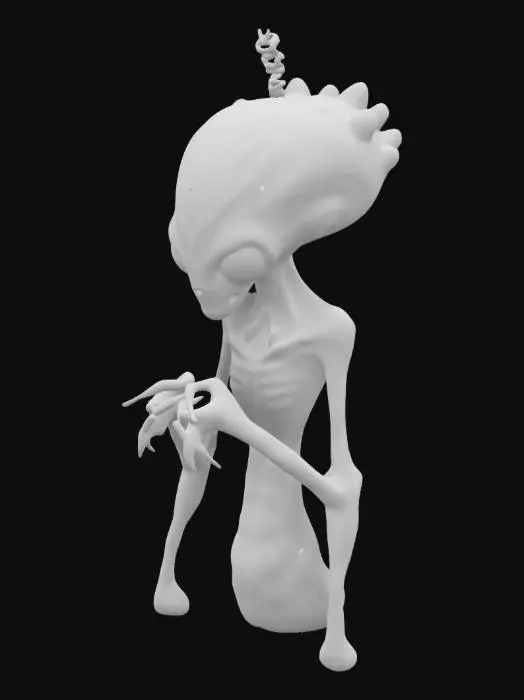 3D model for An alien from a high-voltage planet, designed to control electricity in all forms. The creature has a sleek, semi-transparent body with glowing blue and white veins resembling electric currents. Its elongated limbs end in sharp, lightning-like fingers, crackling with energy. The head features glowing, storm-like eyes and a crown of pulsing energy orbs. Its skin has a metallic texture, with iridescent streaks that shimmer like plasma. Spikes and conductive ridges run along its back.