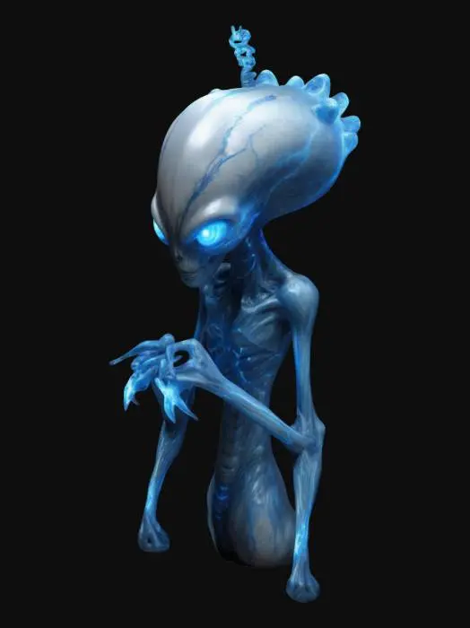 3D model for An alien from a high-voltage planet, designed to control electricity in all forms. The creature has a sleek, semi-transparent body with glowing blue and white veins resembling electric currents. Its elongated limbs end in sharp, lightning-like fingers, crackling with energy. The head features glowing, storm-like eyes and a crown of pulsing energy orbs. Its skin has a metallic texture, with iridescent streaks that shimmer like plasma. Spikes and conductive ridges run along its back.