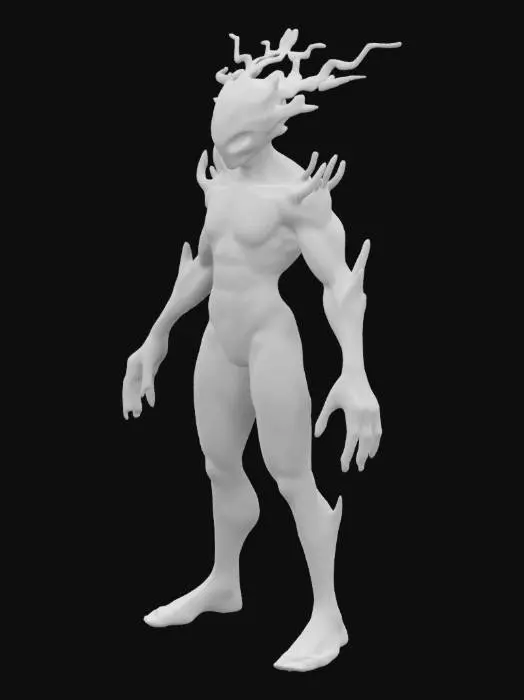 3D model for An alien from a high-voltage planet, designed to control electricity in all forms. The creature has a sleek, semi-transparent body with glowing blue and white veins resembling electric currents. Its elongated limbs end in sharp, lightning-like fingers, crackling with energy. The head features glowing, storm-like eyes and a crown of pulsing energy orbs. Its skin has a metallic texture, with iridescent streaks that shimmer like plasma. Spikes and conductive ridges run along its back.