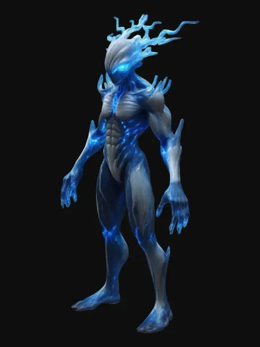 3D model for An alien from a high-voltage planet, designed to control electricity in all forms. The creature has a sleek, semi-transparent body with glowing blue and white veins resembling electric currents. Its elongated limbs end in sharp, lightning-like fingers, crackling with energy. The head features glowing, storm-like eyes and a crown of pulsing energy orbs. Its skin has a metallic texture, with iridescent streaks that shimmer like plasma. Spikes and conductive ridges run along its back.