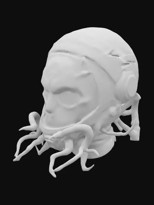 3D model for Design a human space helmet overtaken by an alien parasite. Include fleshy growths, glowing veins, and cracked visor glass. Add a mix of metallic and organic textures, ensuring it feels eerie and unnatural while retaining its original shape