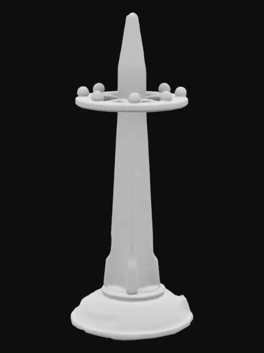 3D model for Generate an alien communication beacon with a tall, spire-like design. Include glowing orbs, floating rings, and intricate carvings that look like ancient language symbols. The base should look grounded yet ethereal, with energy pulses radiating upward.