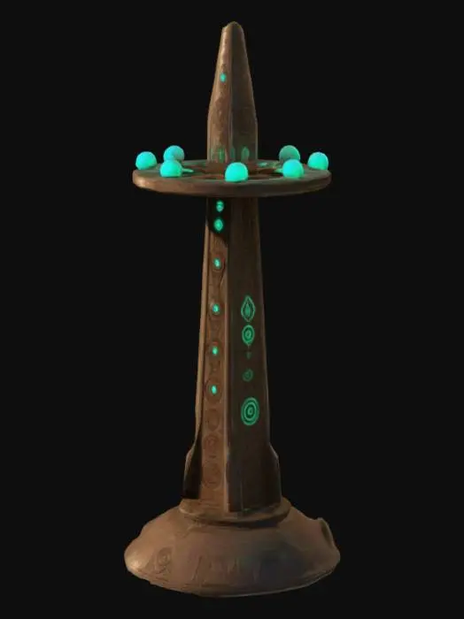 3D model for Generate an alien communication beacon with a tall, spire-like design. Include glowing orbs, floating rings, and intricate carvings that look like ancient language symbols. The base should look grounded yet ethereal, with energy pulses radiating upward.
