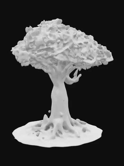 3D model for "Generate a colossal mythical tree with bioluminescent leaves, glowing roots that reach deep into the ground, and magical inscriptions etched into the bark. Add floating orbs of light, ancient relics embedded in its trunk, and a vibrant, magical aura surrounding it.