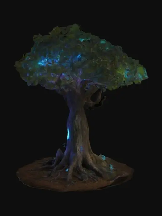 3D model for "Generate a colossal mythical tree with bioluminescent leaves, glowing roots that reach deep into the ground, and magical inscriptions etched into the bark. Add floating orbs of light, ancient relics embedded in its trunk, and a vibrant, magical aura surrounding it.