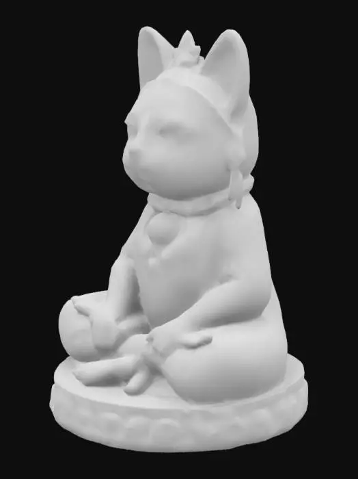 3D model for A detailed sculpture of a meditating cat sitting cross-legged with paws resting on its knees. The sculpture is placed inside an ancient Egyptian pyramid chamber. The cat wears a simple gold headdress inspired by Egyptian designs. The pyramid walls are decorated with subtle hieroglyphs and carvings. The lighting is warm and natural, with soft golden rays from a small opening above, highlighting the sculpture. The scene is clean and professional, with a focus on the cat sculpture and  details.