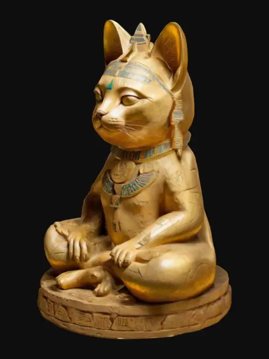 3D model for A detailed sculpture of a meditating cat sitting cross-legged with paws resting on its knees. The sculpture is placed inside an ancient Egyptian pyramid chamber. The cat wears a simple gold headdress inspired by Egyptian designs. The pyramid walls are decorated with subtle hieroglyphs and carvings. The lighting is warm and natural, with soft golden rays from a small opening above, highlighting the sculpture. The scene is clean and professional, with a focus on the cat sculpture and  details.