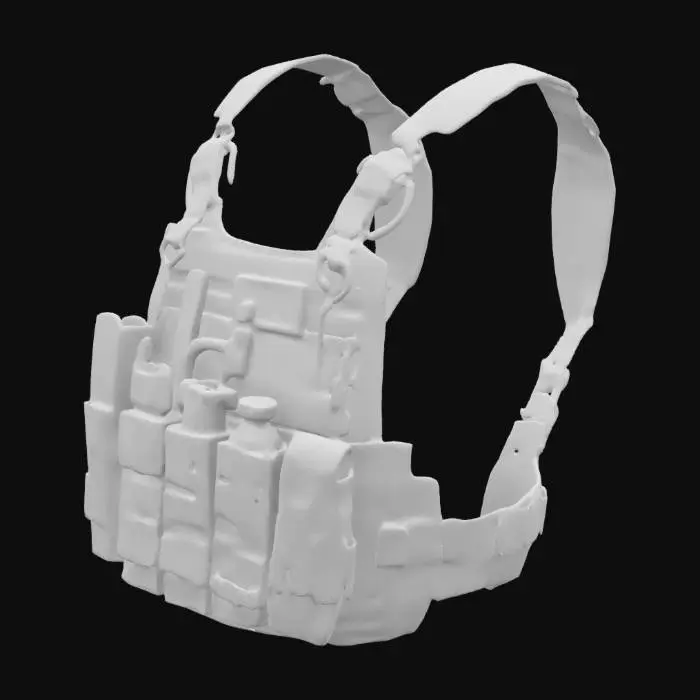 3D model for A detailed military tactical vest with modular pouches for magazines, grenades, and a radio unit. The vest features realistic stitching, straps with buckles, and MOLLE webbing. Add subtle details like Velcro patches, dirt smudges, and wear on high-contact areas. Game-ready with optimized topology and UV mapping, along with high-quality textures for Albedo, Normal, AO, and Metalness maps.