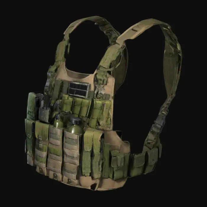 3D model for A detailed military tactical vest with modular pouches for magazines, grenades, and a radio unit. The vest features realistic stitching, straps with buckles, and MOLLE webbing. Add subtle details like Velcro patches, dirt smudges, and wear on high-contact areas. Game-ready with optimized topology and UV mapping, along with high-quality textures for Albedo, Normal, AO, and Metalness maps.