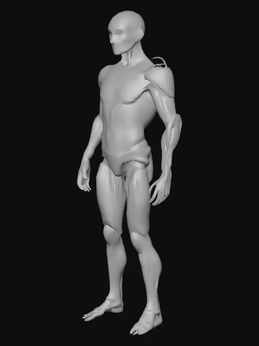 3D model for A highly realistic humanoid figure stands upright in a neutral pose, split perfectly down the vertical axis. The right half of the body is fully human — with natural skin textures, subtle muscle definition, short hair strands, and lifelike facial expressions. The left half is an advanced cybernetic structure — composed of dark polished metal plates, glowing blue energy conduits, fine mechanical joints, and exposed internal components like servos and wiring. The surface finish contrasts organic warmth with smooth, engineered coldness. The design reflects balance between humanity and artificial intelligence.