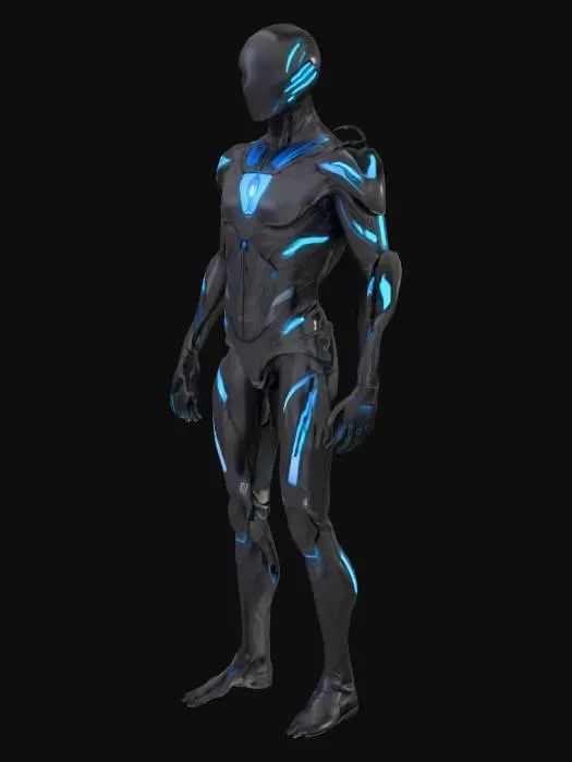 3D model for A highly realistic humanoid figure stands upright in a neutral pose, split perfectly down the vertical axis. The right half of the body is fully human — with natural skin textures, subtle muscle definition, short hair strands, and lifelike facial expressions. The left half is an advanced cybernetic structure — composed of dark polished metal plates, glowing blue energy conduits, fine mechanical joints, and exposed internal components like servos and wiring. The surface finish contrasts organic warmth with smooth, engineered coldness. The design reflects balance between humanity and artificial intelligence.