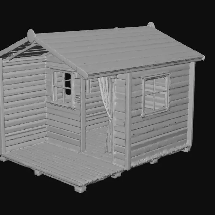 3D model for rectangular summer camp cabin. make the doorway open and the inside of the building hollow so the player can go inside.  put 1 open window on the left face.