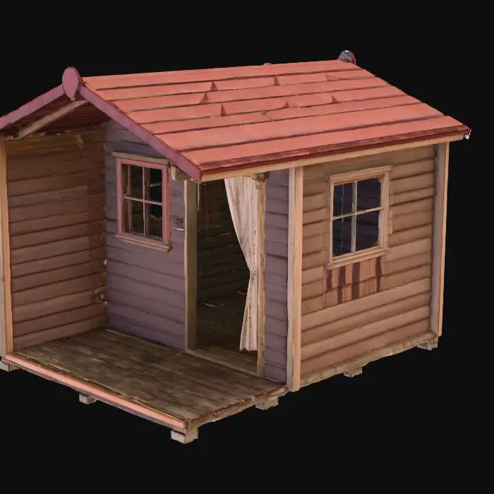 3D model for rectangular summer camp cabin. make the doorway open and the inside of the building hollow so the player can go inside.  put 1 open window on the left face.