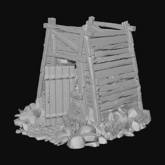 3D model for a mine shaft entrance, with a caution sign out front