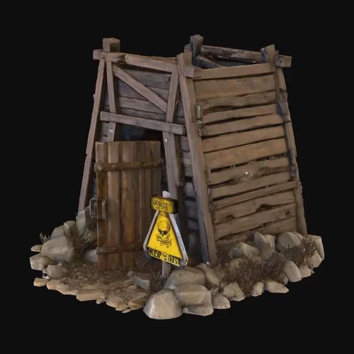3D model for a mine shaft entrance, with a caution sign out front