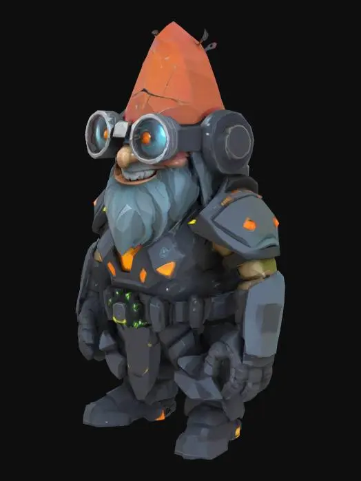 3D model for Low poly futuristic space gnome. Has high tech gagdet armor and evil grin.