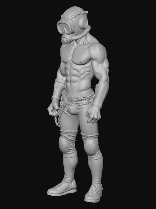 3D model for Unterwassergolem der einen Trockentaucherhelm trägt. Sixpack und oben ohne. Seine arme sind in ketten. Er trägt Beinpanzerung. Muskulös