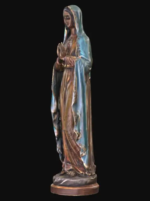 3D model for Our Lady of Guadalupe – A beautifully detailed statue of the Virgin Mary in a flowing robe, surrounded by radiant light, hands in prayer.