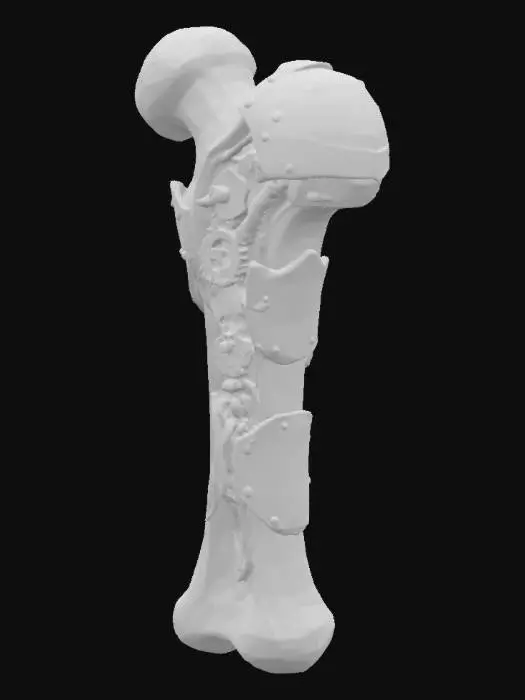 3D model for Generate a hyper-detailed 3D model of a biomechanical femur. The femur should have a realistic, weathered bone texture with fine cracks and surface roughness. Large metallic plates are bolted onto the bone, with visible screws and a brushed metal finish. Sections of the bone are cut away to reveal an intricate inner core of interlocking brass and steel gears, braided copper wires, and hydraulic pistons. The gears are interconnected, with wires weaving between them, creating a complex, steampunk aesthetic. The model should be high-poly (4–8 million polygons), fully UV-mapped with PBR textures (diffuse, normal, roughness, metallic, ambient occlusion) in 4K resolution. Export as .fbx and .obj, with a clean, layered structure for easy editing.