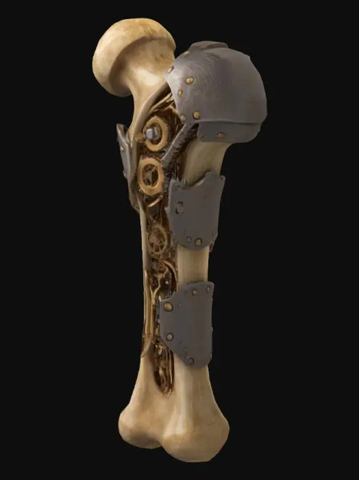 3D model for Generate a hyper-detailed 3D model of a biomechanical femur. The femur should have a realistic, weathered bone texture with fine cracks and surface roughness. Large metallic plates are bolted onto the bone, with visible screws and a brushed metal finish. Sections of the bone are cut away to reveal an intricate inner core of interlocking brass and steel gears, braided copper wires, and hydraulic pistons. The gears are interconnected, with wires weaving between them, creating a complex, steampunk aesthetic. The model should be high-poly (4–8 million polygons), fully UV-mapped with PBR textures (diffuse, normal, roughness, metallic, ambient occlusion) in 4K resolution. Export as .fbx and .obj, with a clean, layered structure for easy editing.