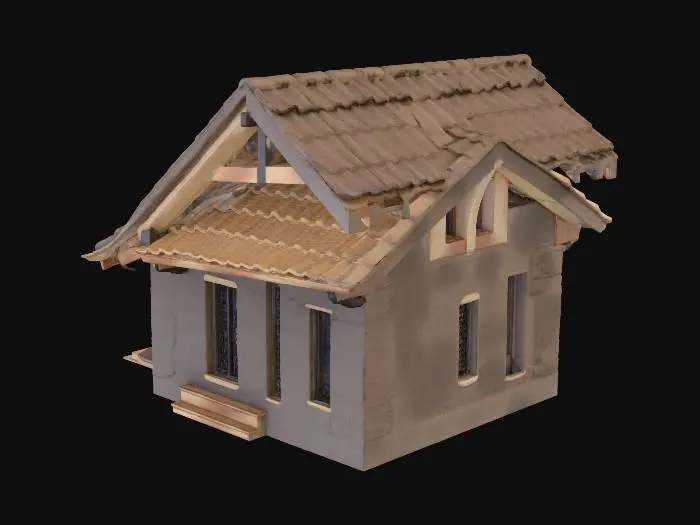 3D model for Simple roof angle (one side of the roof) in medieval style, medieval roof tiles and humble wood, lots of brown and earthy tones