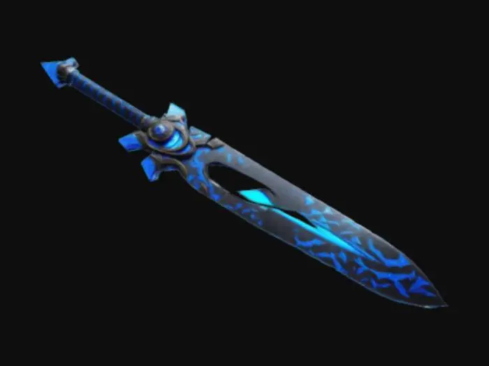 3D model for  "Espada futurista con hoja negra mate y un núcleo de energía azul vibrante que recorre su centro. Filo afilado con detalles geométricos incandescentes. Empuñadura de fibra de carbono con grabados luminosos y una guarda angular metálica con bordes energéticos brillantes."