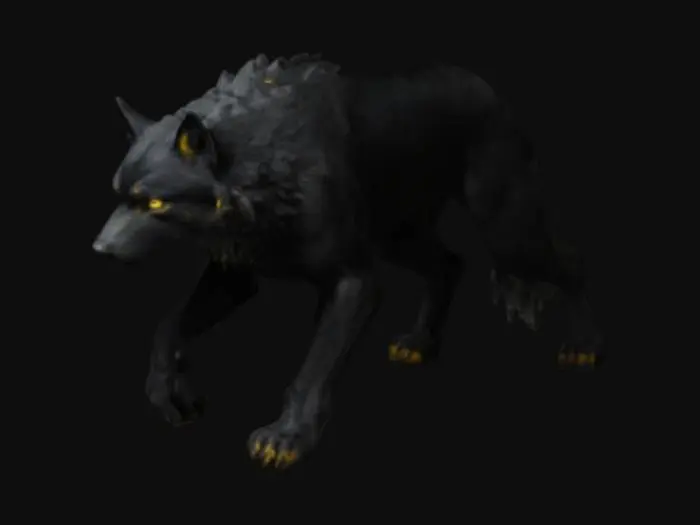 3D model for lobo cuerpo atlético completo negro super realista, ojos amarillos terroríficos