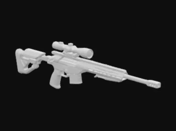 3D model for El francotirador tiene un cañón cilíndrico alargado de aleación negra mate con recubrimiento cerámico. La mira es holográfica, proyectando retículas de precisión. La culata ergonómica absorbe el retroceso con gel. El cargador tubular usa energía cuántica, y los rieles modulares permiten agregar accesorios. La empuñadura texturizada cuenta con sensores biométricos, y el gatillo es ultrasensible