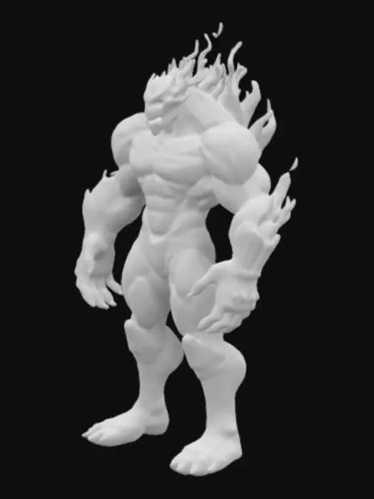 3D model for Un golem legendario de fuego, musculoso, con llamadas azules y negras que ascienden de forma degradada por todo su cuerpo, emanando una atmósfera amenazante. Sus piernas son robóticas, con un diseño futurista y metálico, mientras que sus brazos están hechos de hierro tecnológico, reforzados y con detalles brillantes