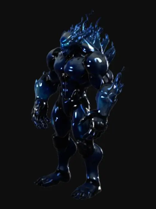 3D model for Un golem legendario de fuego, musculoso, con llamadas azules y negras que ascienden de forma degradada por todo su cuerpo, emanando una atmósfera amenazante. Sus piernas son robóticas, con un diseño futurista y metálico, mientras que sus brazos están hechos de hierro tecnológico, reforzados y con detalles brillantes