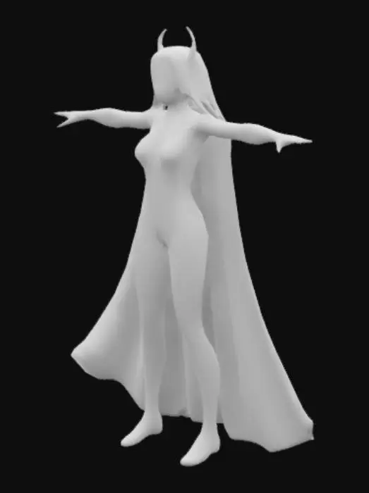 3D model for mujer joven realista en T pose, bien vestida de un traje de color morado fanatasioso oscuro,con el pelo bien distintivo del traje
